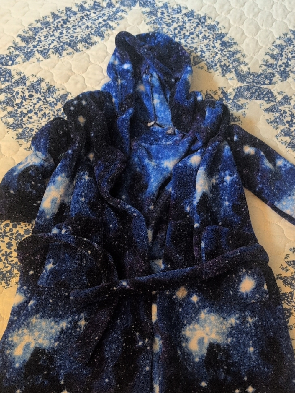 Lands' End Kids Hooded Plush Robe - Galaxy Blue Star Print